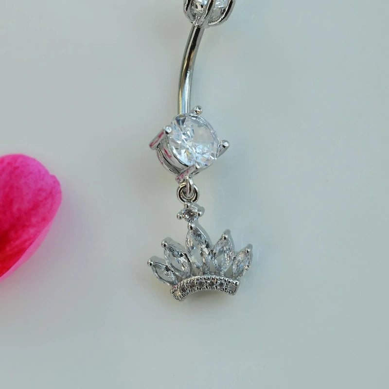 Princess Crown Belly Button Ring, Navel Piercing, Belly Button Piercing, Curved Barbell, Belly Piercing, Belly Bar, Belly Ring, Dangle