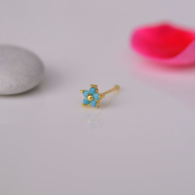 Silver Stone Firuze Blue Coloured Flower Nose Pin