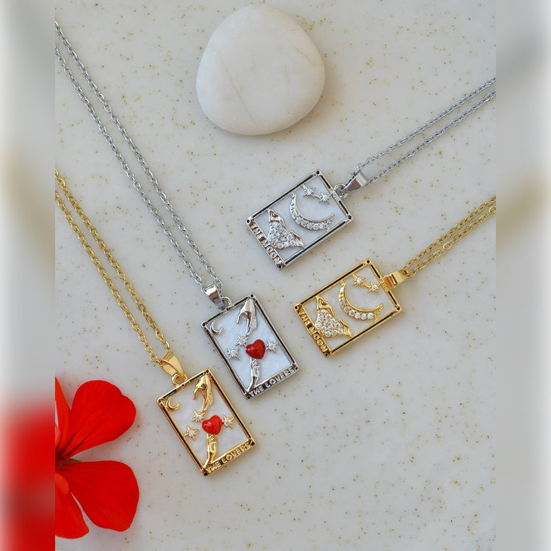 Tarot Card Necklace with Love Symbol  The Lovers Pendant Necklace Gold and Silver