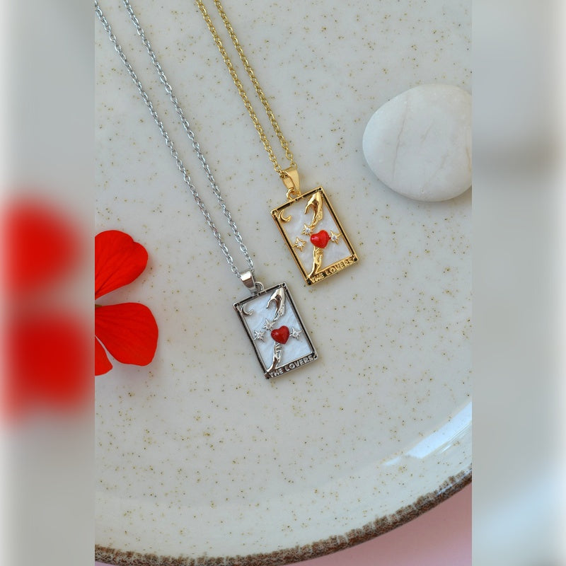 Tarot Card Necklace with Love Symbol  The Lovers Pendant Necklace Gold and Silver