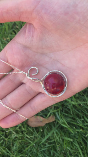 Handmade Round Coral Stone Pendant, Red Colour Genuine Silver Necklace